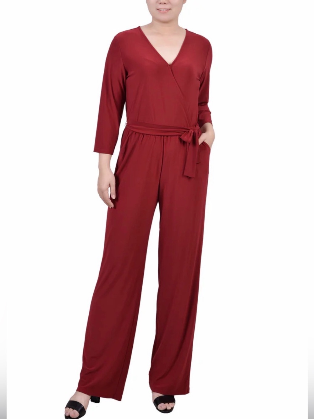 NY Collection 3/4 sleeve belted jumpsuit, red, size small petite
